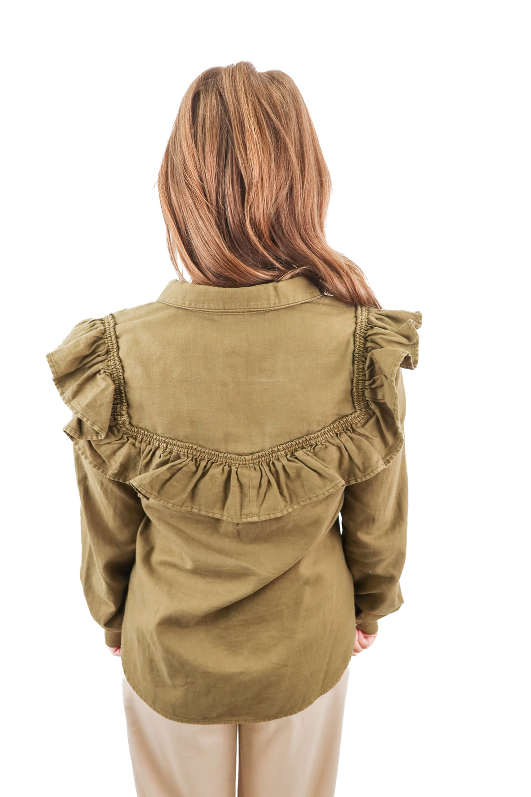 Pilcro army green ruffle blouse (XS; retail $88)
