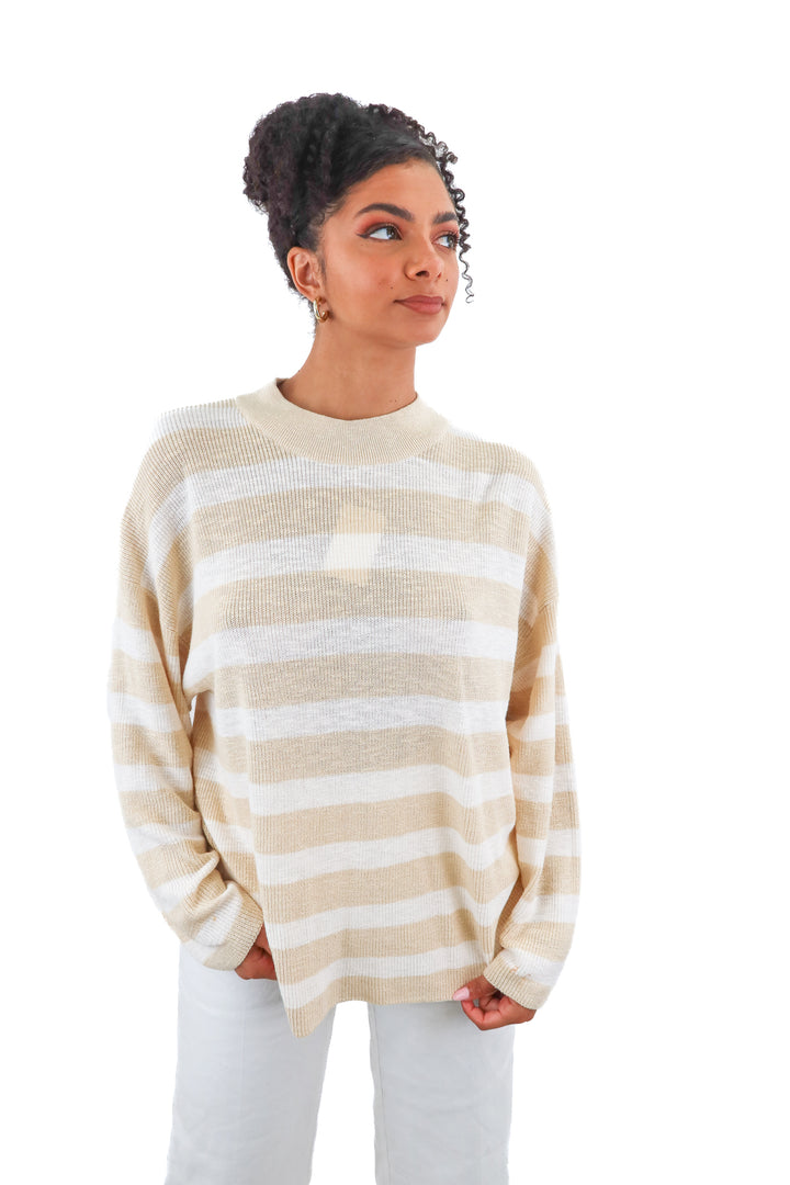 FP beach cream/tan stripe mockneck knit sweater (S; retail $98)
