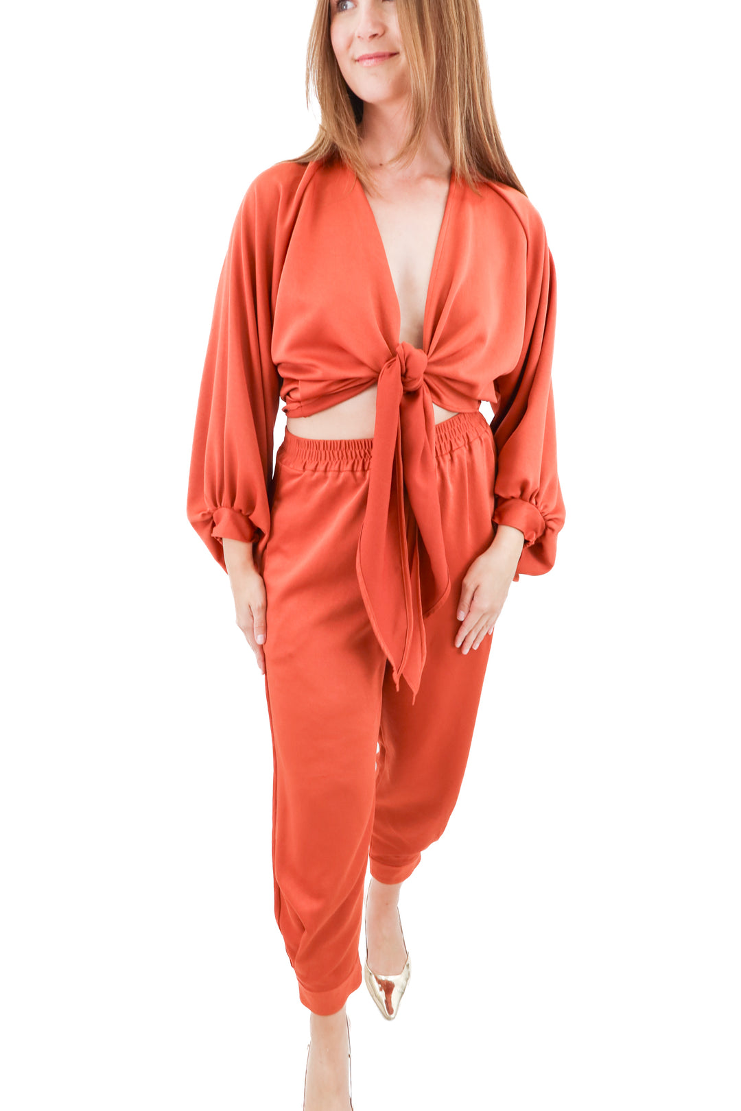 just bee queen burnt orange satin pants and top set (m; retail $890)