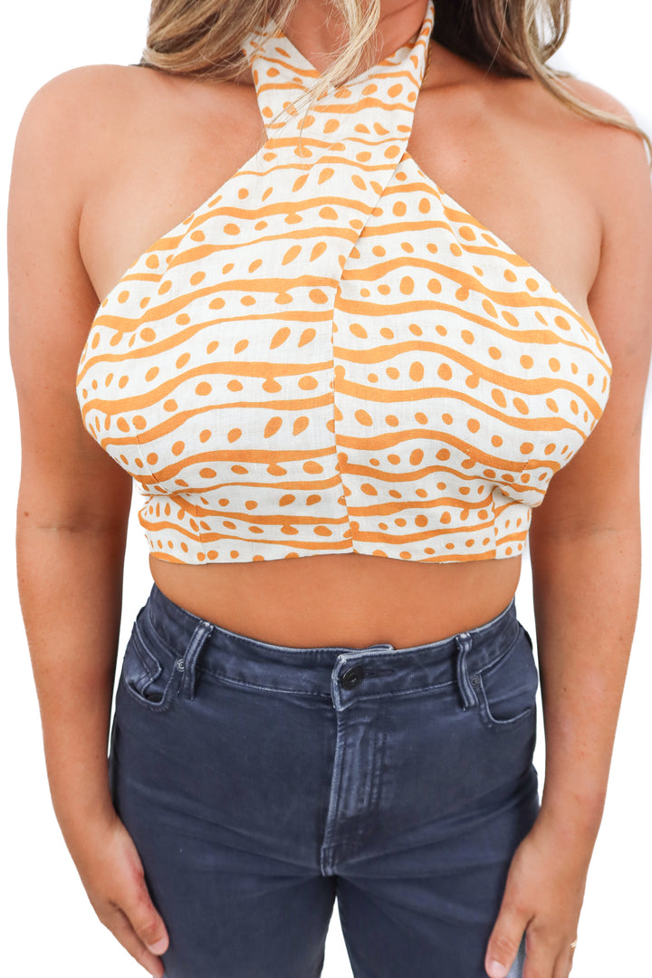 Cala De La Cruz cream mustard print halterneck top (M; retail $325)
