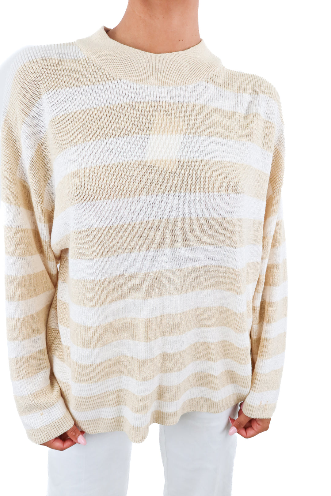 FP beach cream/tan stripe mockneck knit sweater (S; retail $98)
