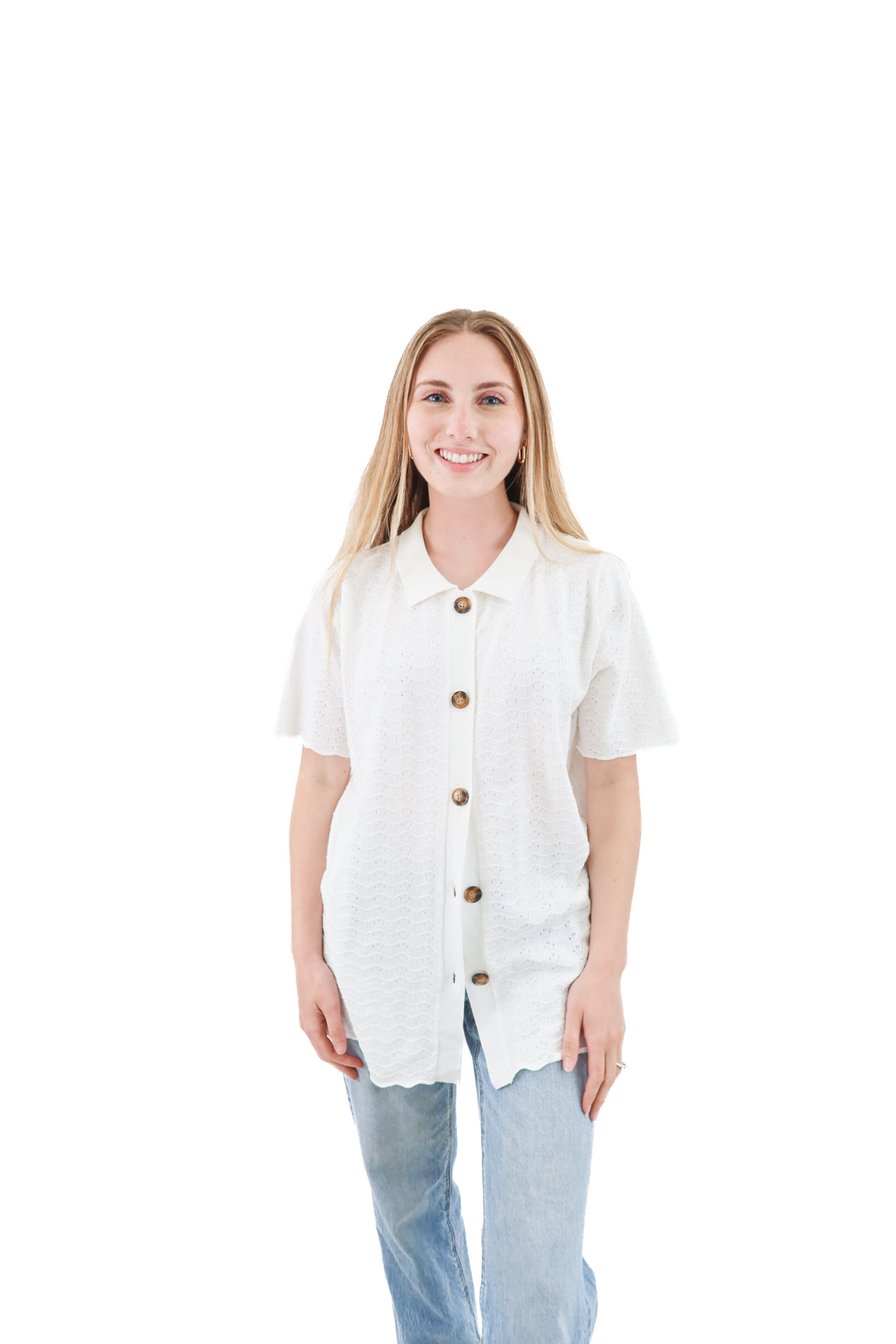 pink queen white button up top (l; retail $25)