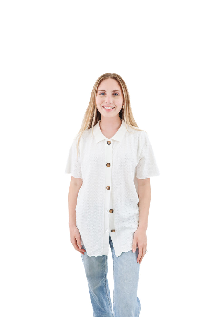 pink queen white button up top (l; retail $25)