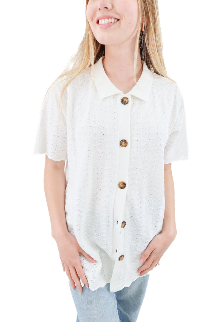 pink queen white button up top (l; retail $25)