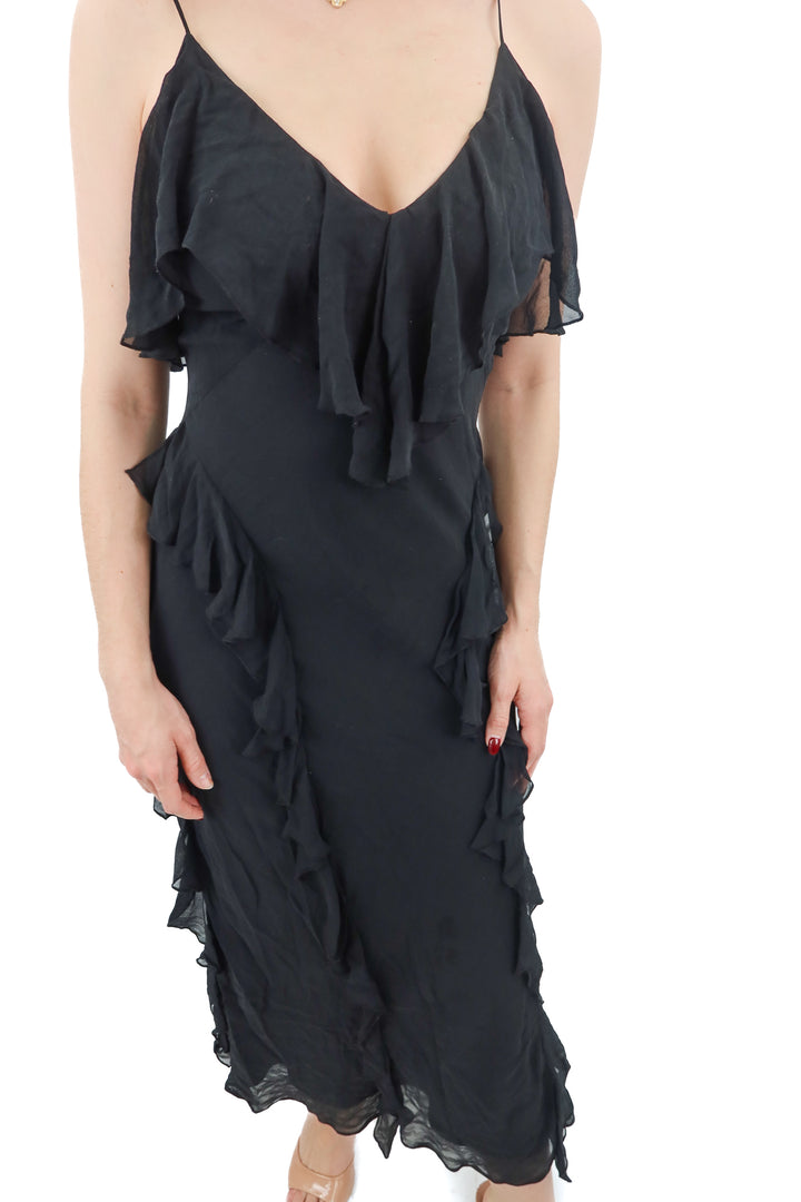 paige black ruffle maxi dress (xs) fits 0 to 2