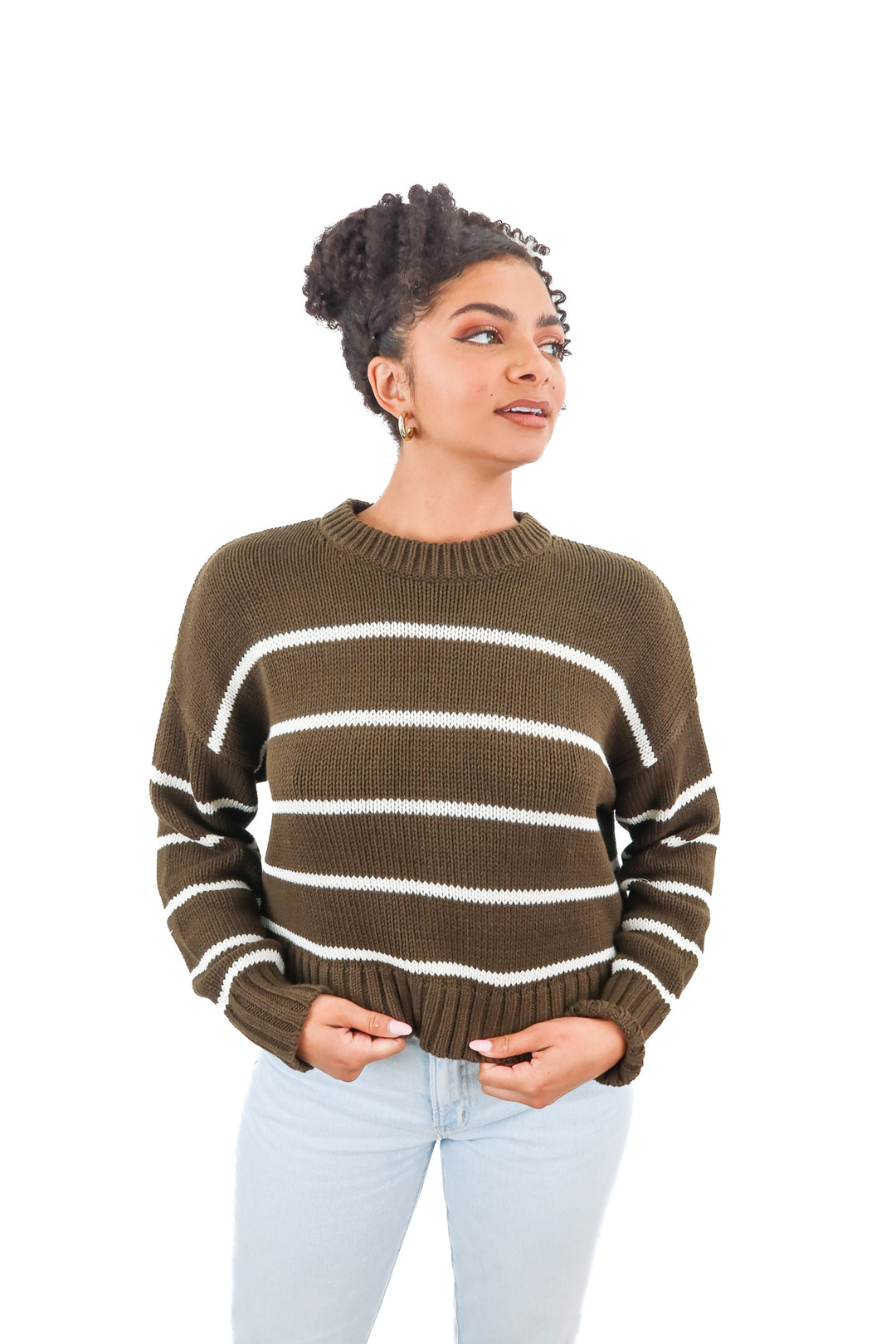 Jenni Kayne green white stripe mockneck knit sweater (XS)