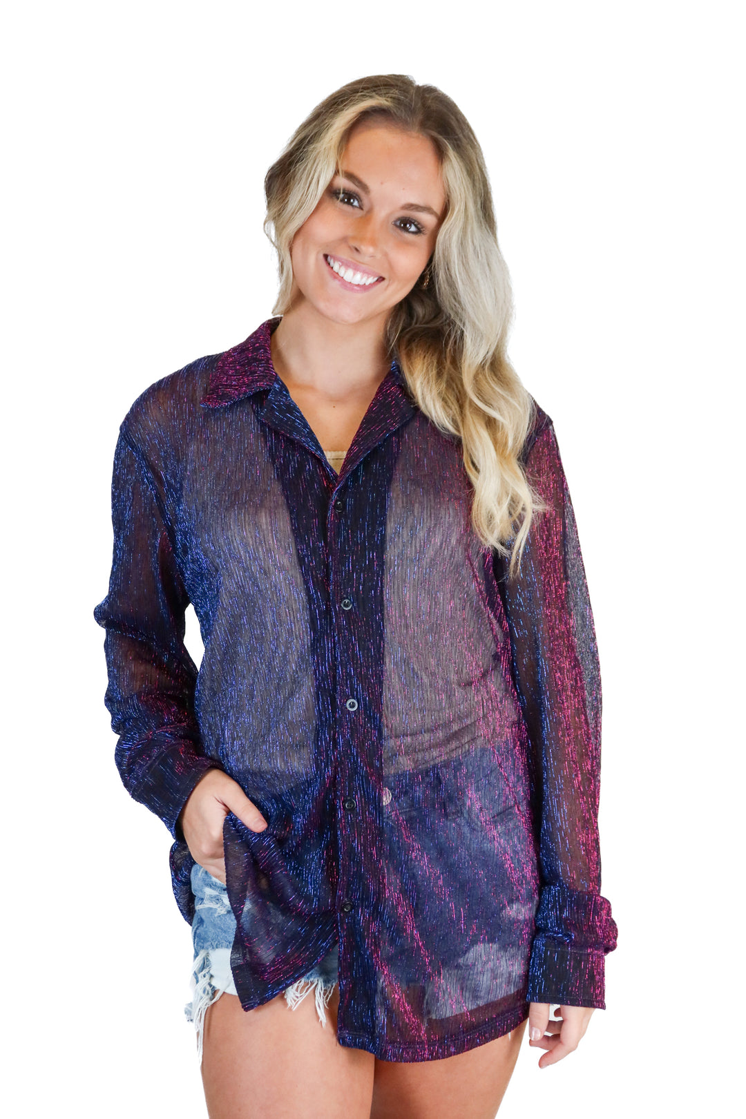 Black, Pink and Blue Metallic Sheer Top (M)