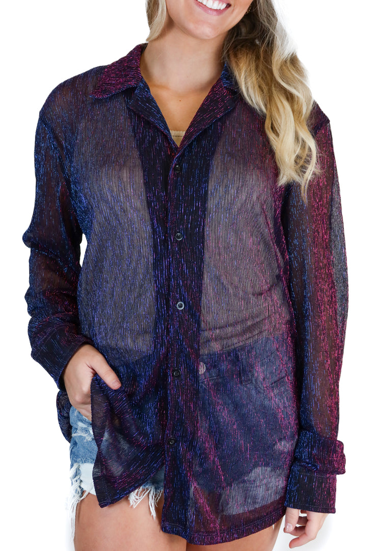 Black, Pink and Blue Metallic Sheer Top (M)