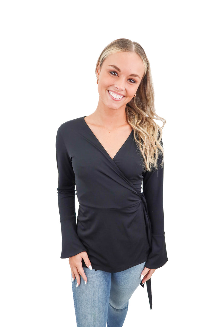 veronica M black wrap top (xs; retail $78)