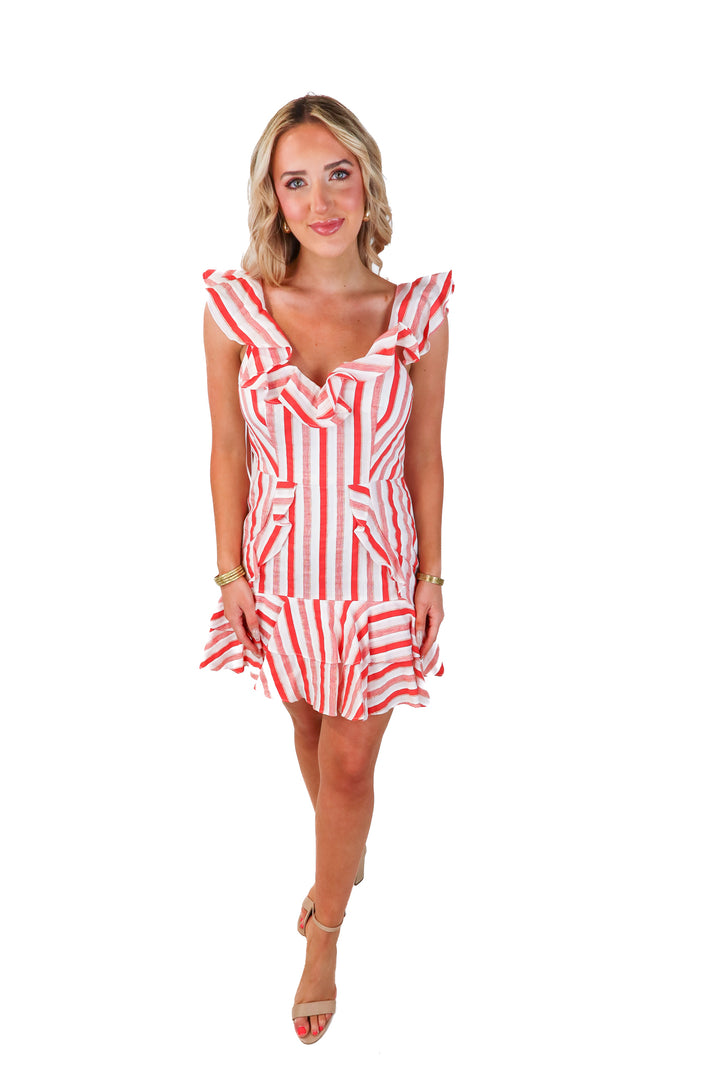 talulah coral/white striped ruffle dress (m; retail $64)