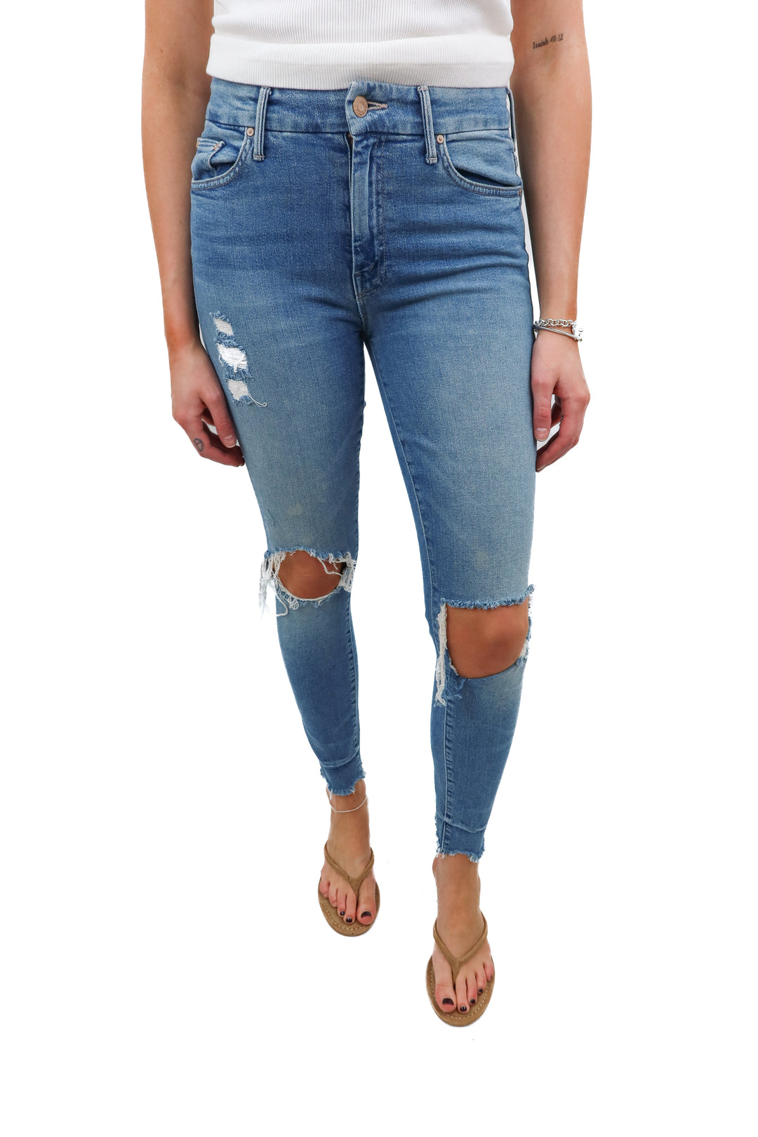 Mother highwaisted ankle jeans light wash distressed skinny jean(27)