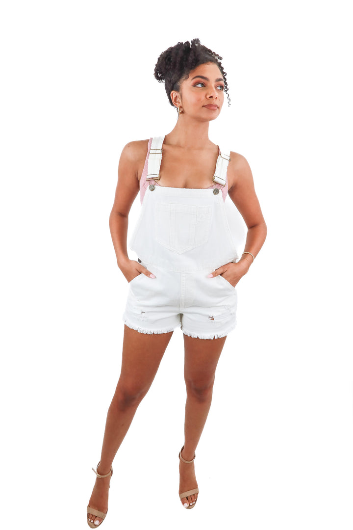 Show Me Your Mumu white denim romper (S; retail $141)