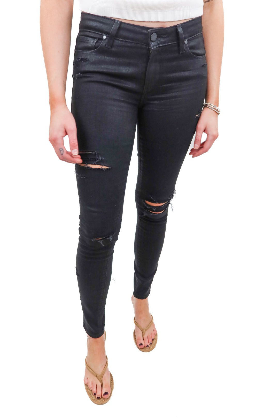 Paige black distressed coated skinny jeans (27)