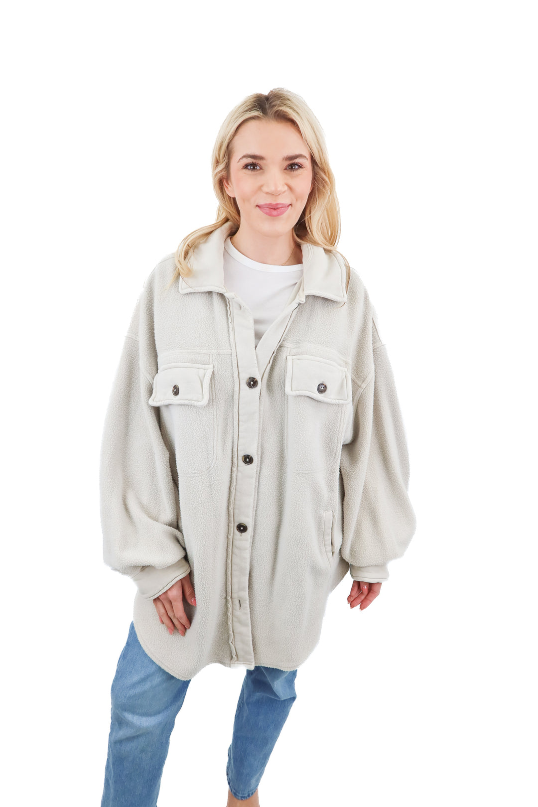 Free People greige fleece shacket (L)