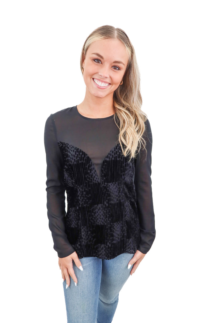 nanette lepore black crushed velvet top NWT (4; retail $278)