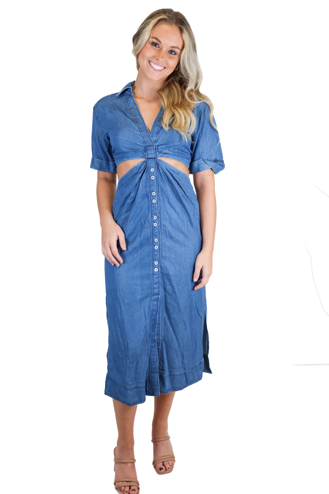 SOLD: Travis Mathew Chambray Side Cutout Midi Dress NWT (XS; retail $159.95)
