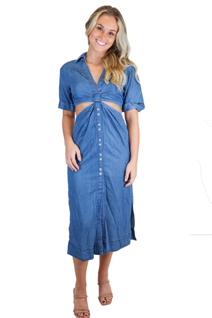 SOLD: Travis Mathew Chambray Side Cutout Midi Dress NWT (XS; retail $159.95)
