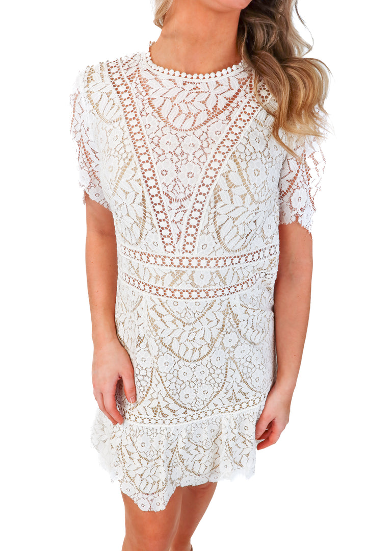 saylor white lace short sleeve dress (s)