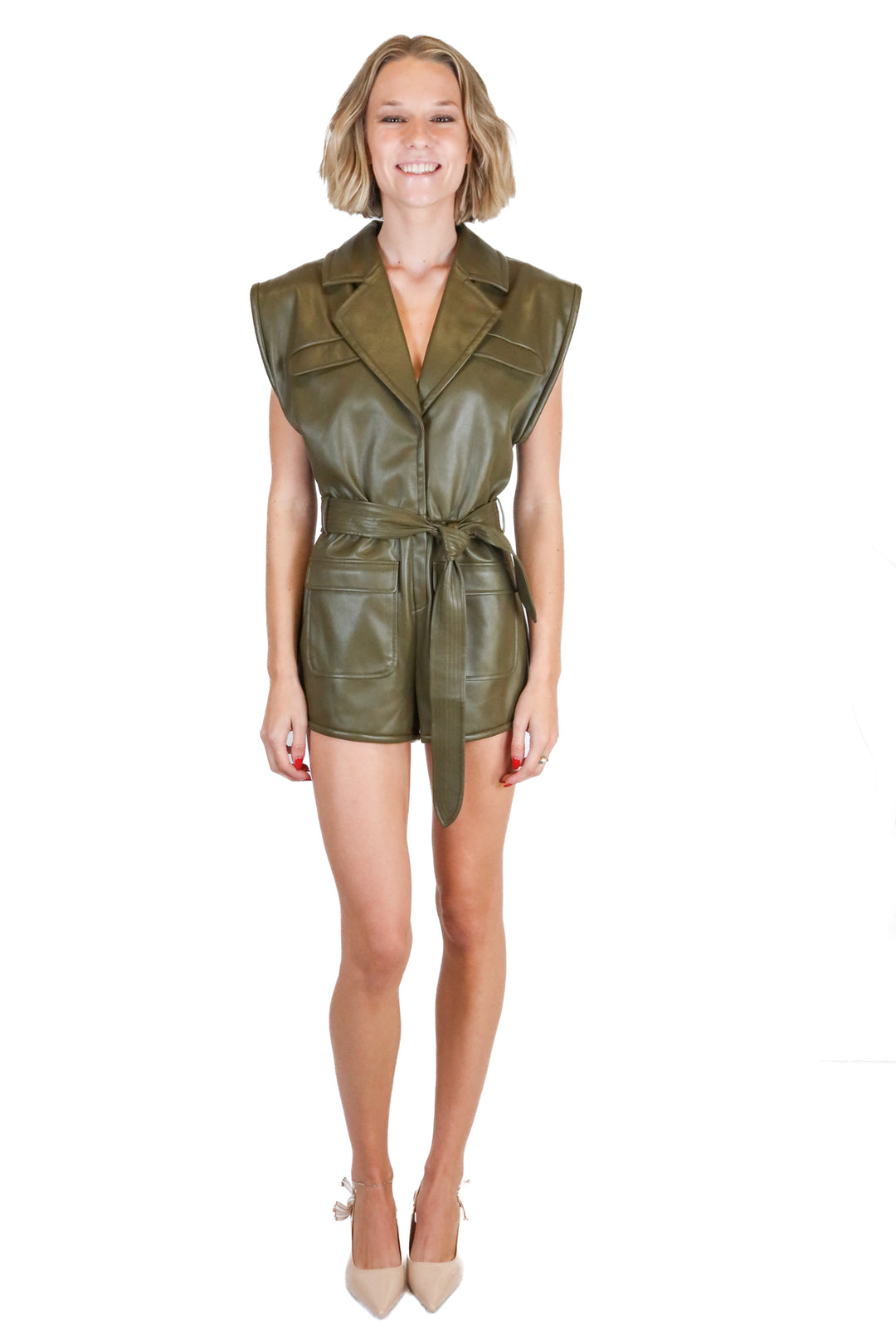 Saylor olive green vegan leather romper NWT (XS; retail $297)