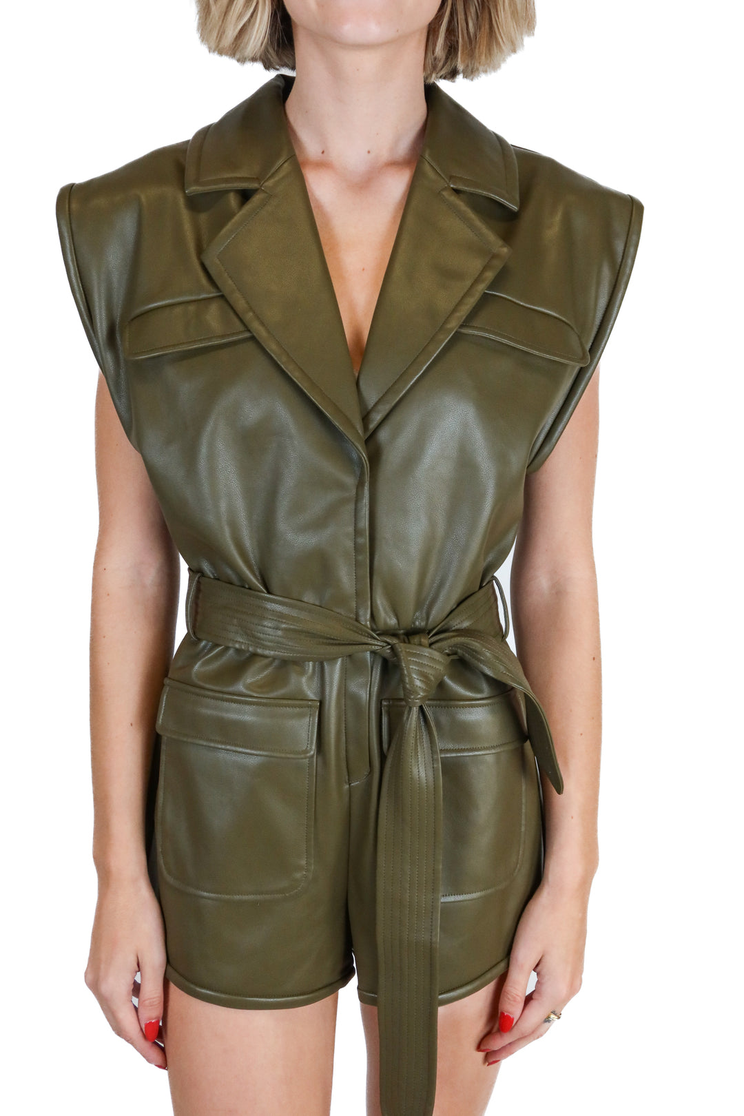 Saylor olive green vegan leather romper NWT (XS; retail $297)