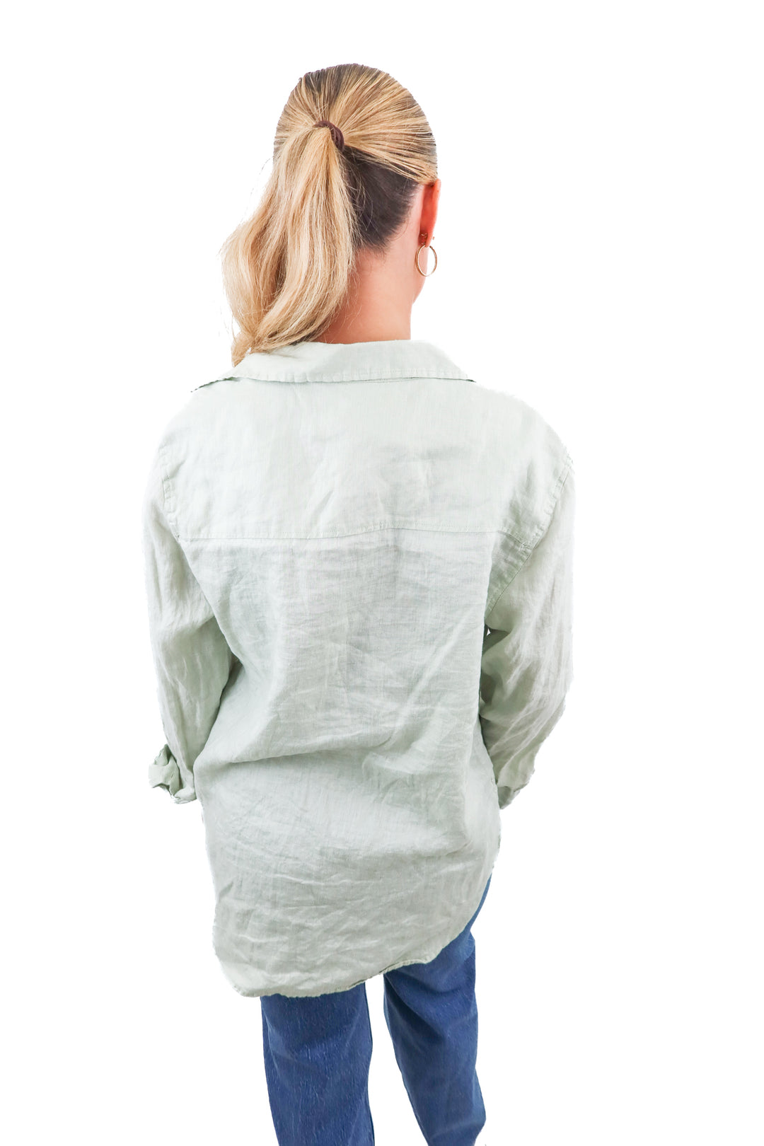 h&m mint linen button up (m)