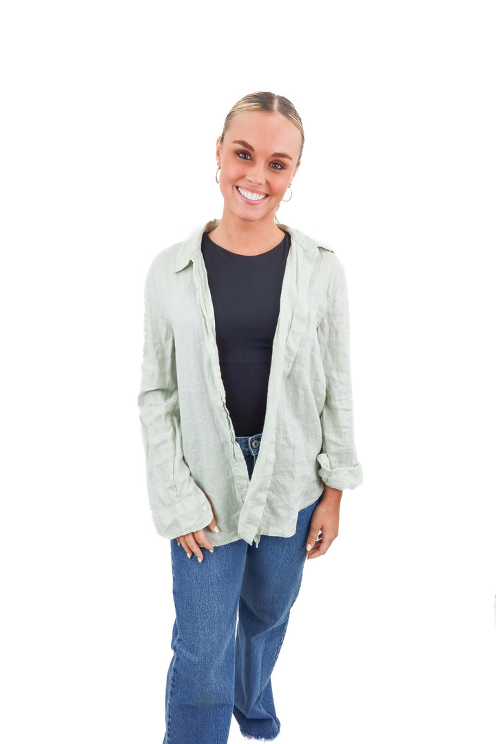 h&m mint linen button up (m)