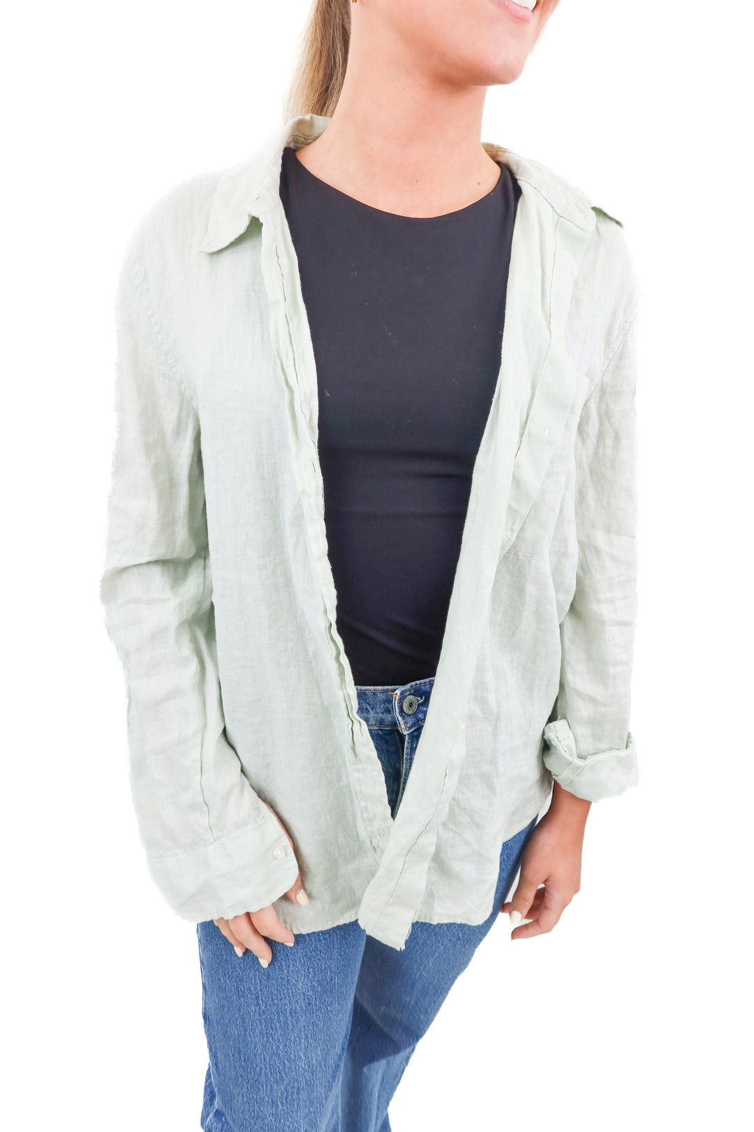 h&m mint linen button up (m)