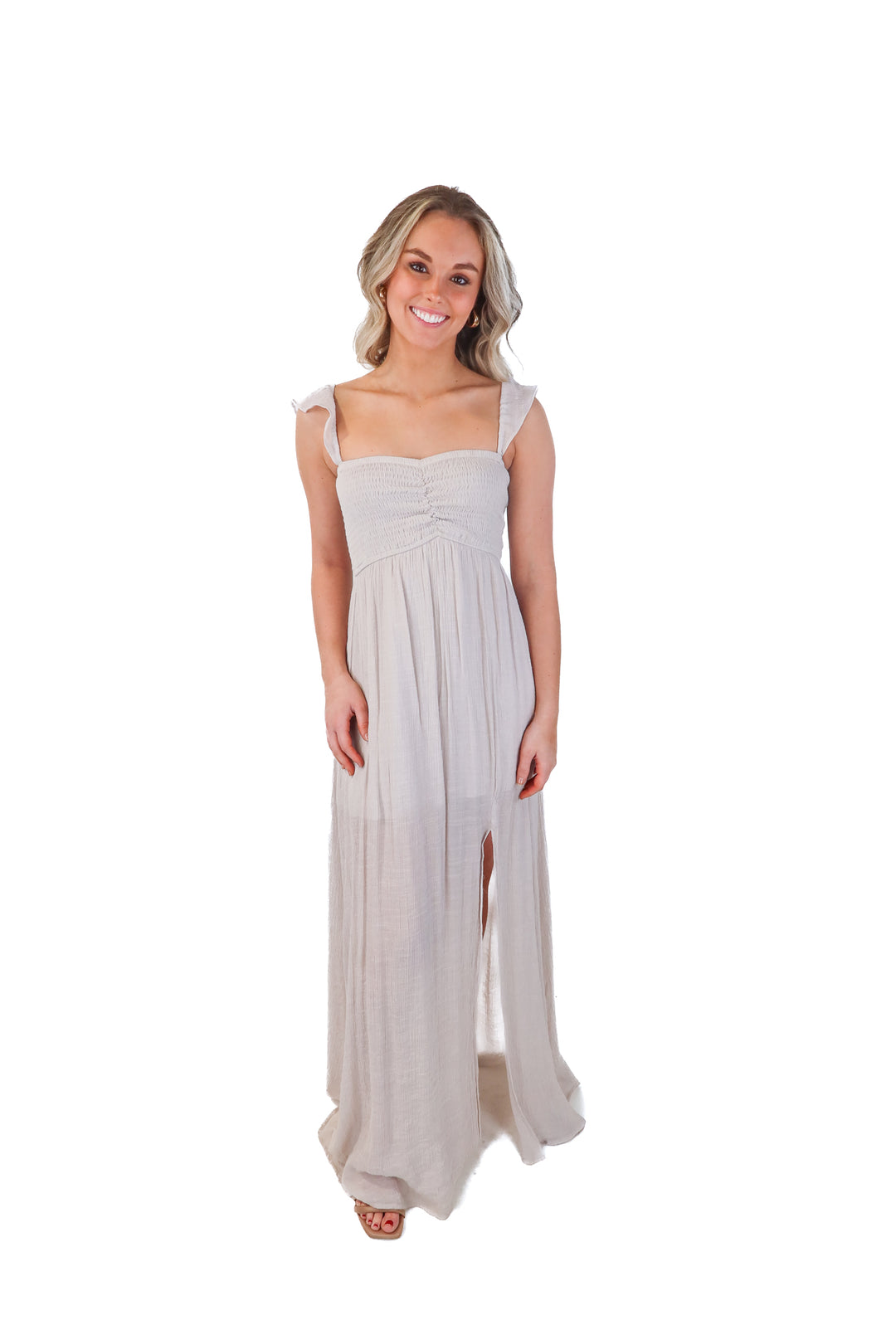 aakaa grey smocked maxi dress (s)