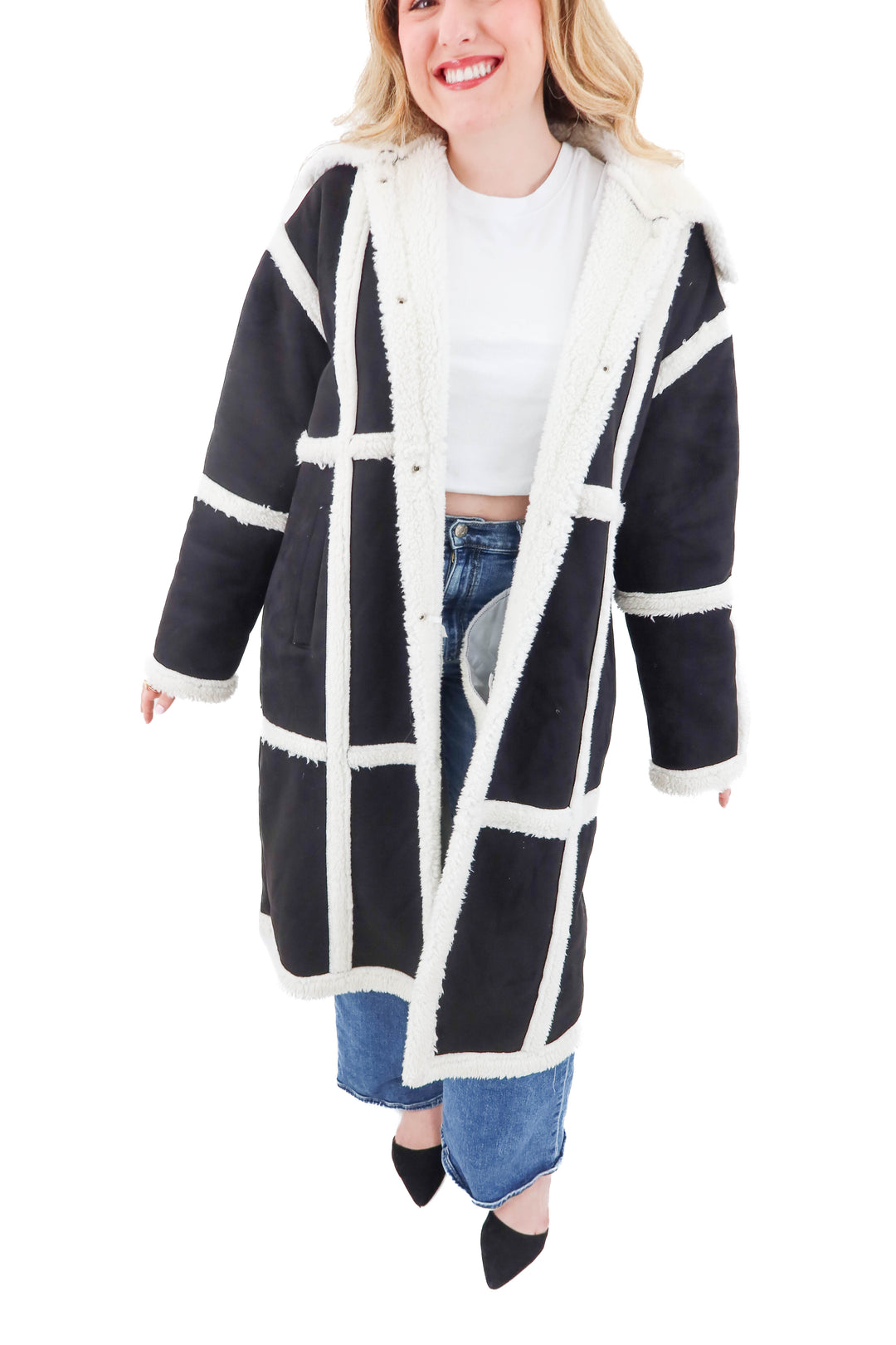 pretty little thing (plus) black and white coat (12; retail $112)