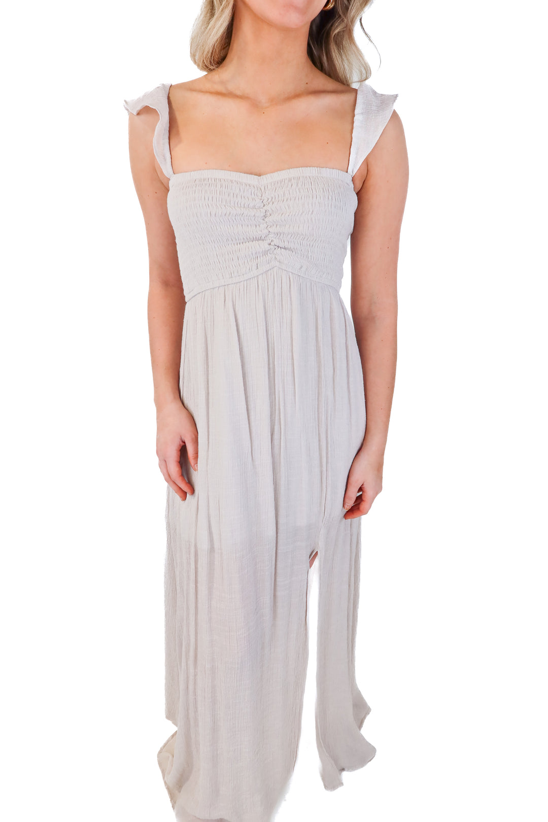 aakaa grey smocked maxi dress (s)