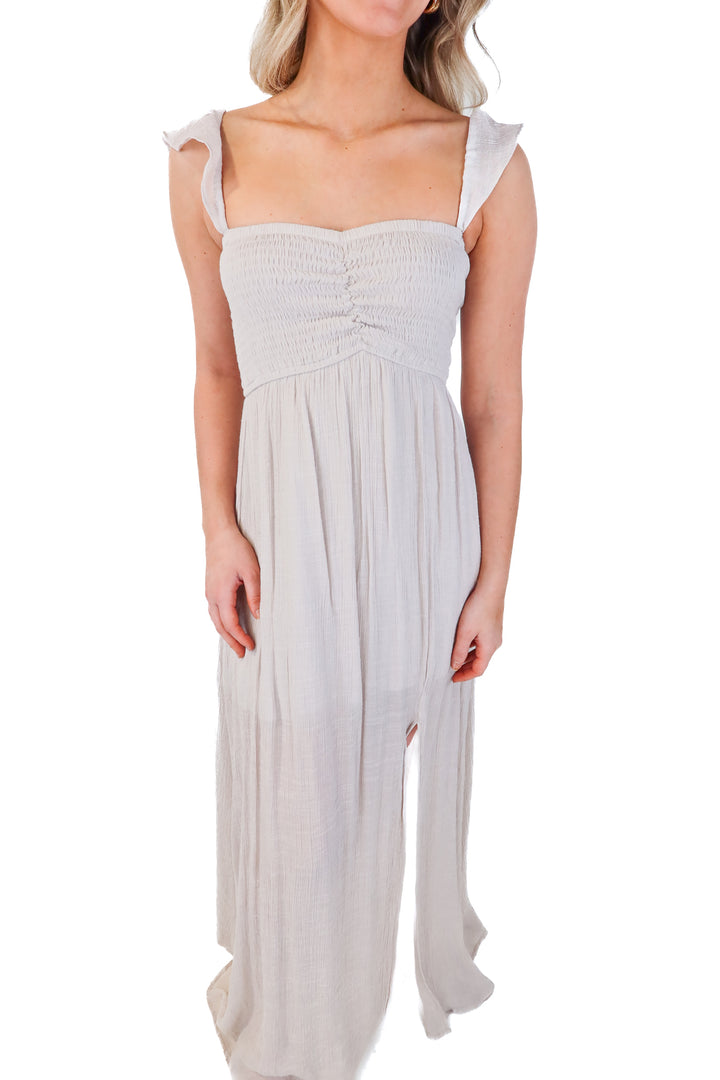 aakaa grey smocked maxi dress (s)