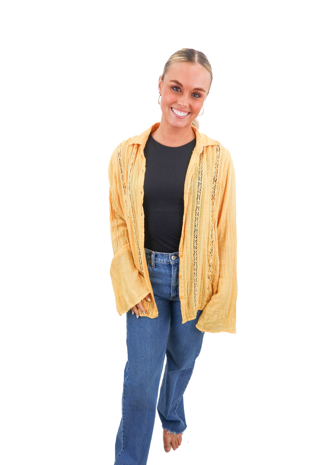 free people orange crochet button up (s)