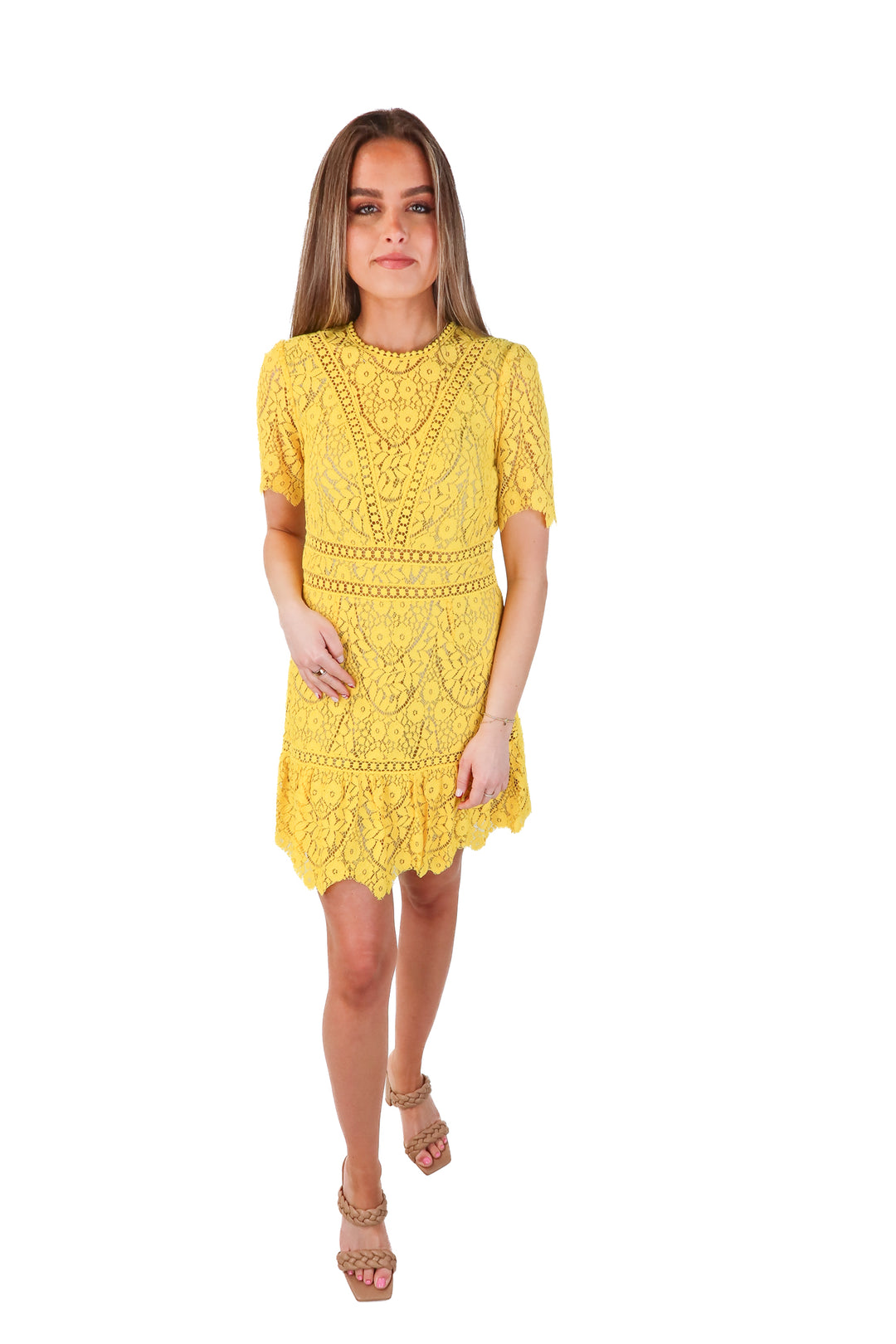 saylor yellow lace short sleeve dress (m)