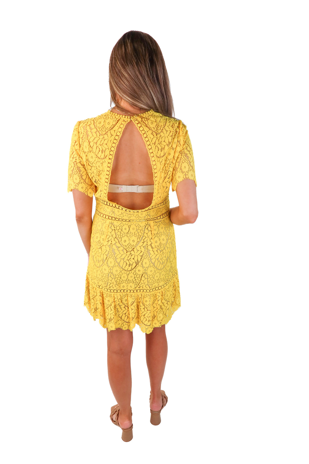 saylor yellow lace short sleeve dress (m)