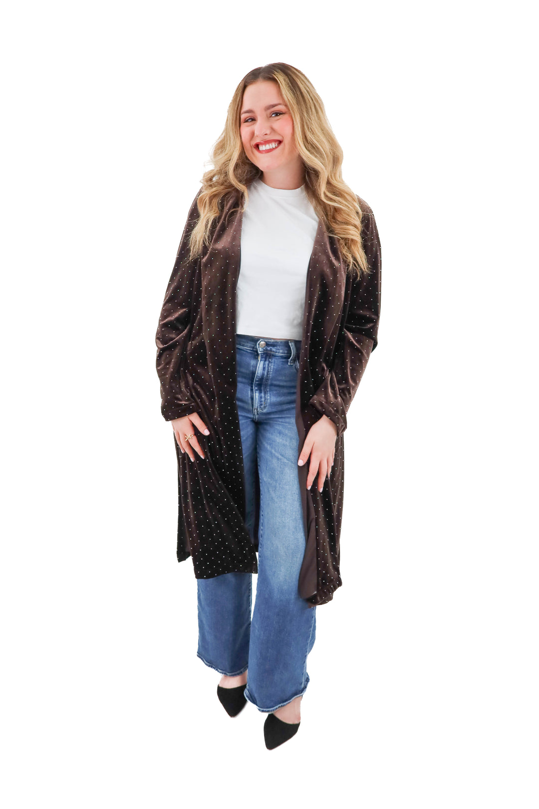 skies are blue brown velvet sparkle long coat NWT (xl; retail $100)