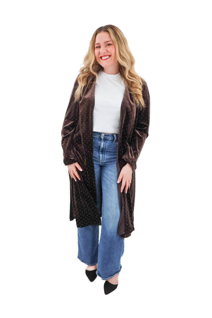 skies are blue brown velvet sparkle long coat NWT (xl; retail $100)