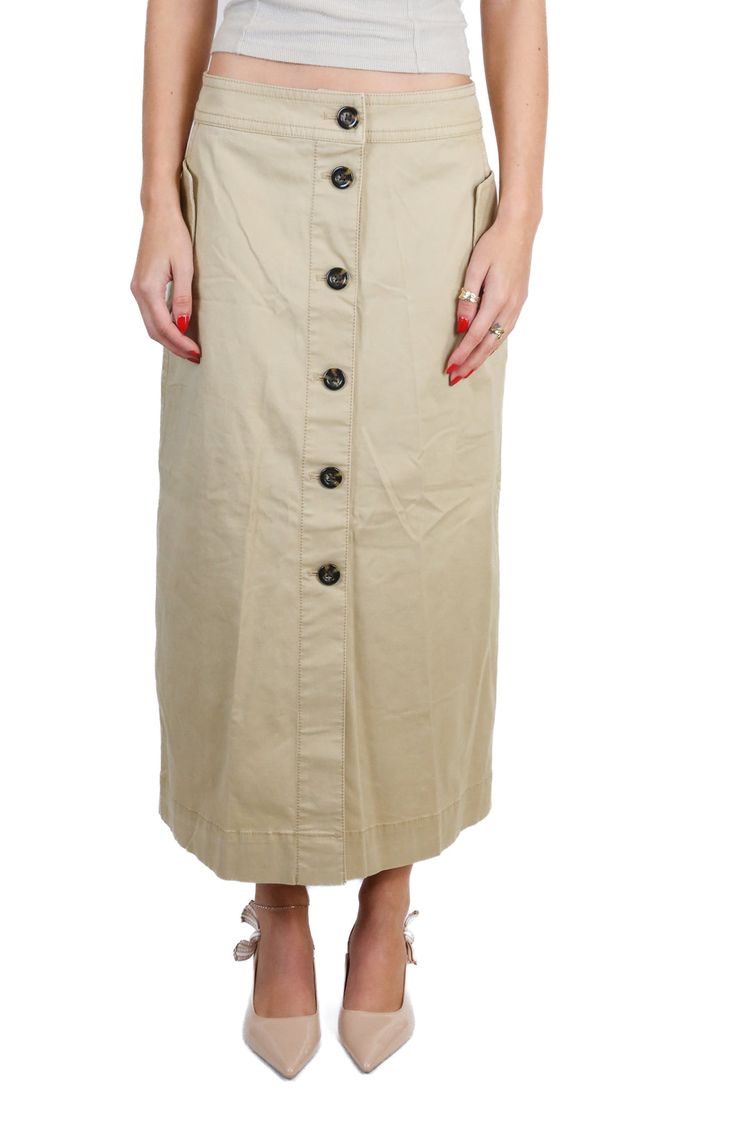 Ann Taylor Khaki Button Front Midi Skirt NWT (0; retail $129)