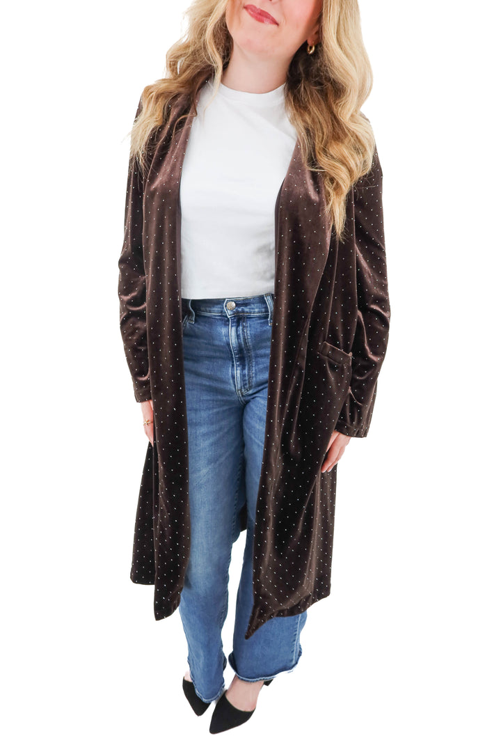 skies are blue brown velvet sparkle long coat NWT (xl; retail $100)