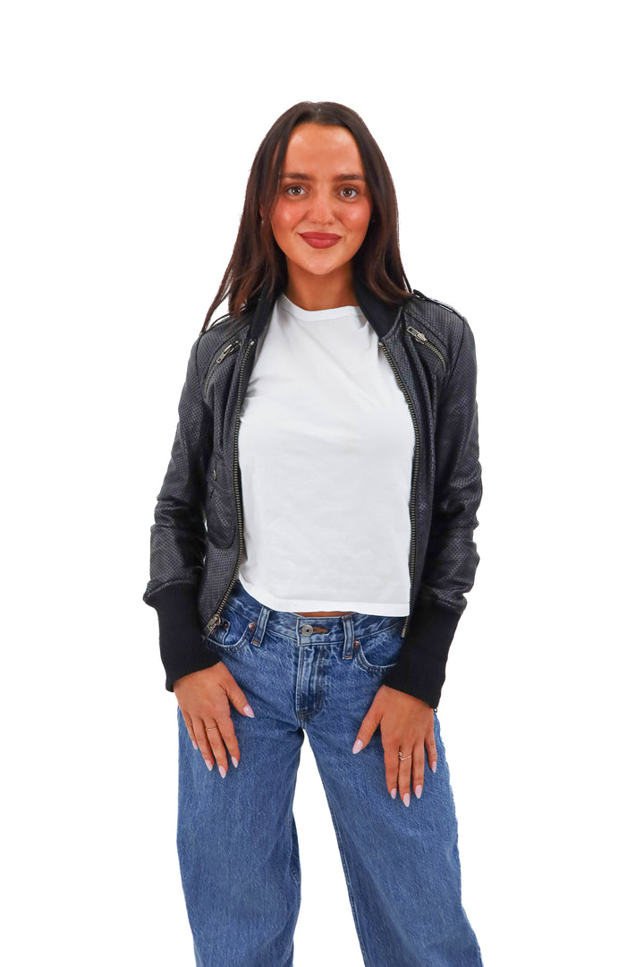 rock & republic black perforated leather jacket (xs; retail $660)