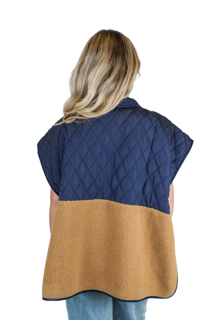 Ann Taylor Navy Quilted and Sherpa Poncho NWT (XS/S; retail $129)