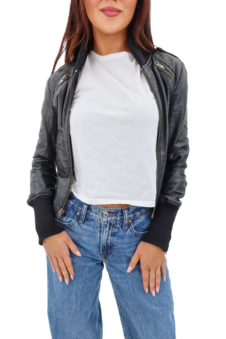 rock & republic black perforated leather jacket (xs; retail $660)
