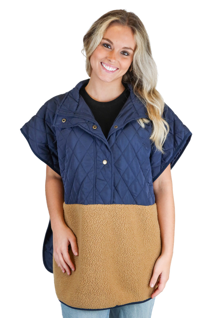 Ann Taylor Navy Quilted and Sherpa Poncho NWT (XS/S; retail $129)