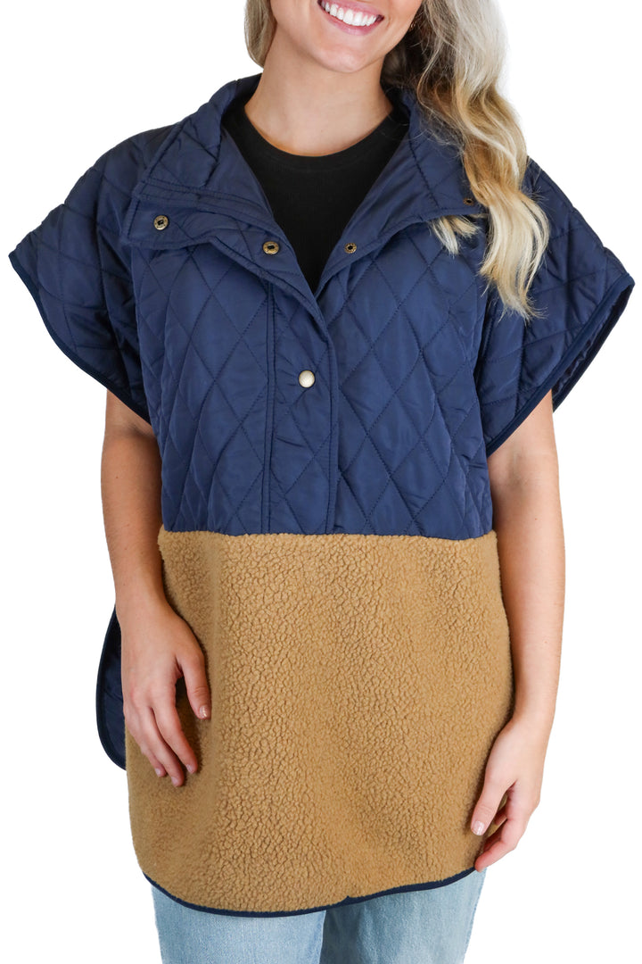 Ann Taylor Navy Quilted and Sherpa Poncho NWT (XS/S; retail $129)