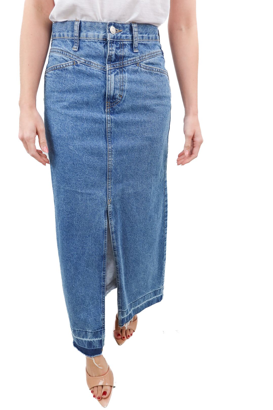 MNG medium wash maxi denim skirt (S)