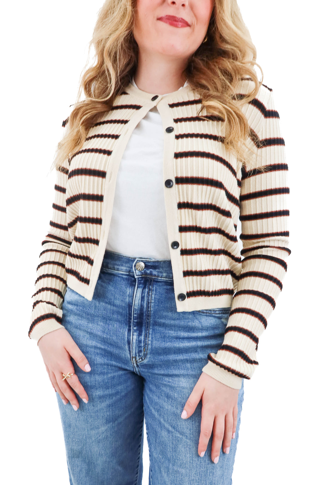 alloy apparel cream striped cardigan (l; retail $49)