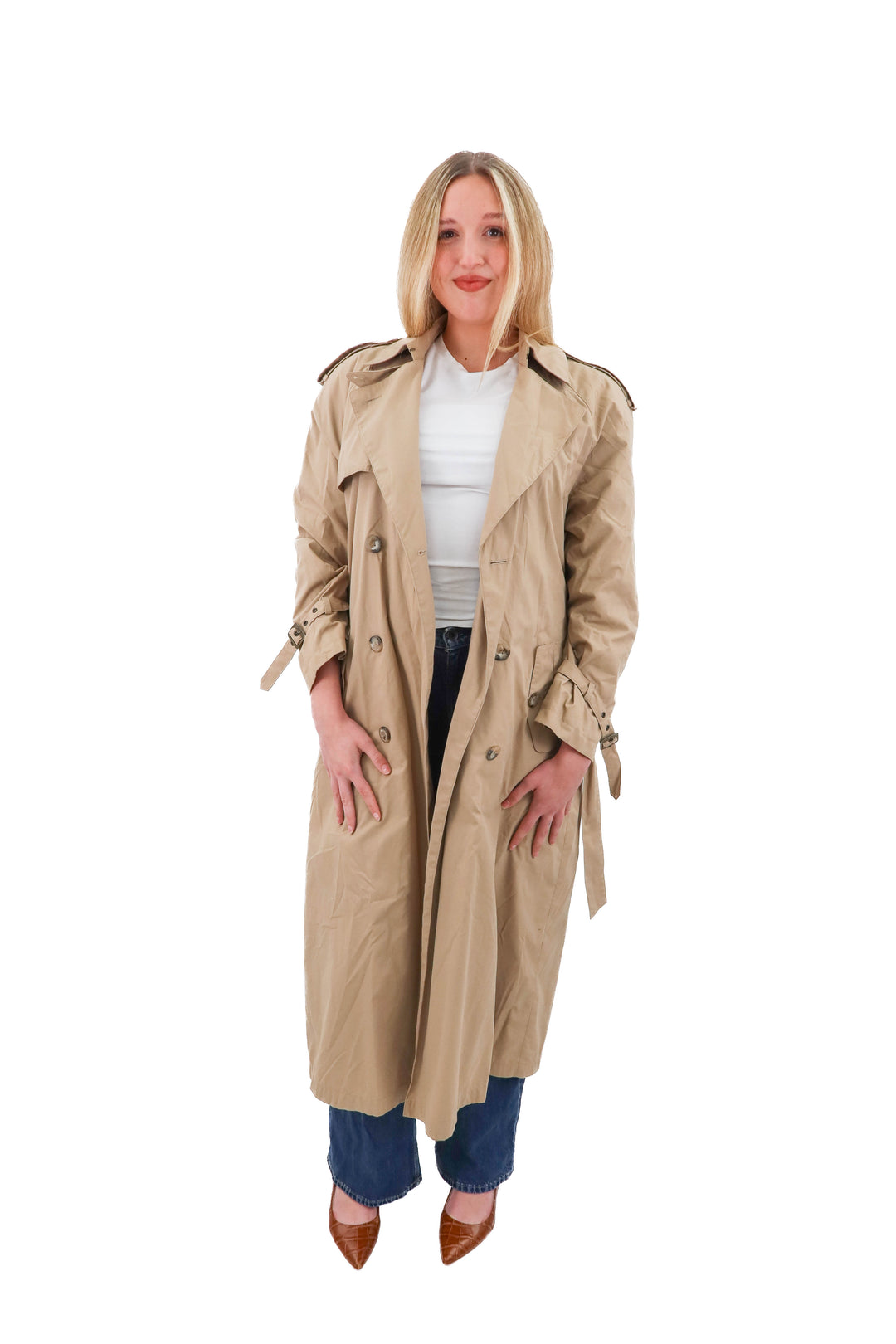 london fog long tan trench coat (14; retail $320)