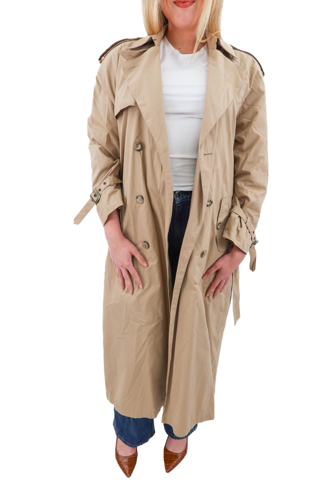 london fog long tan trench coat (14; retail $320)