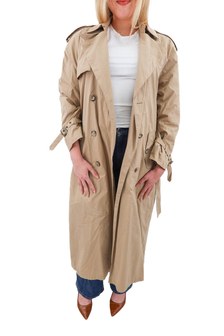 london fog long tan trench coat (14; retail $320)