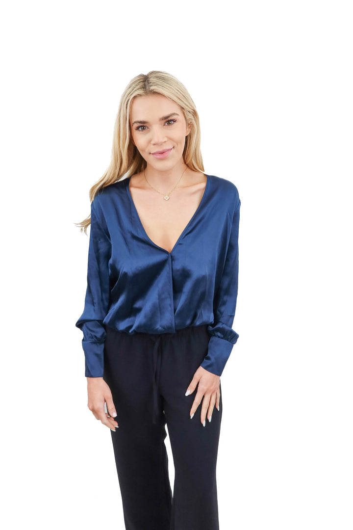 cami blue silk deep v blouse bodysuit (s)