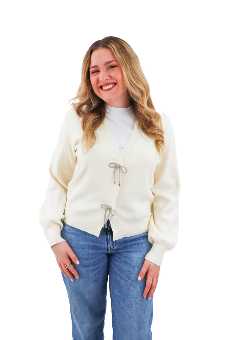 skies are blue cream silver bow cardigan NWT (l)
